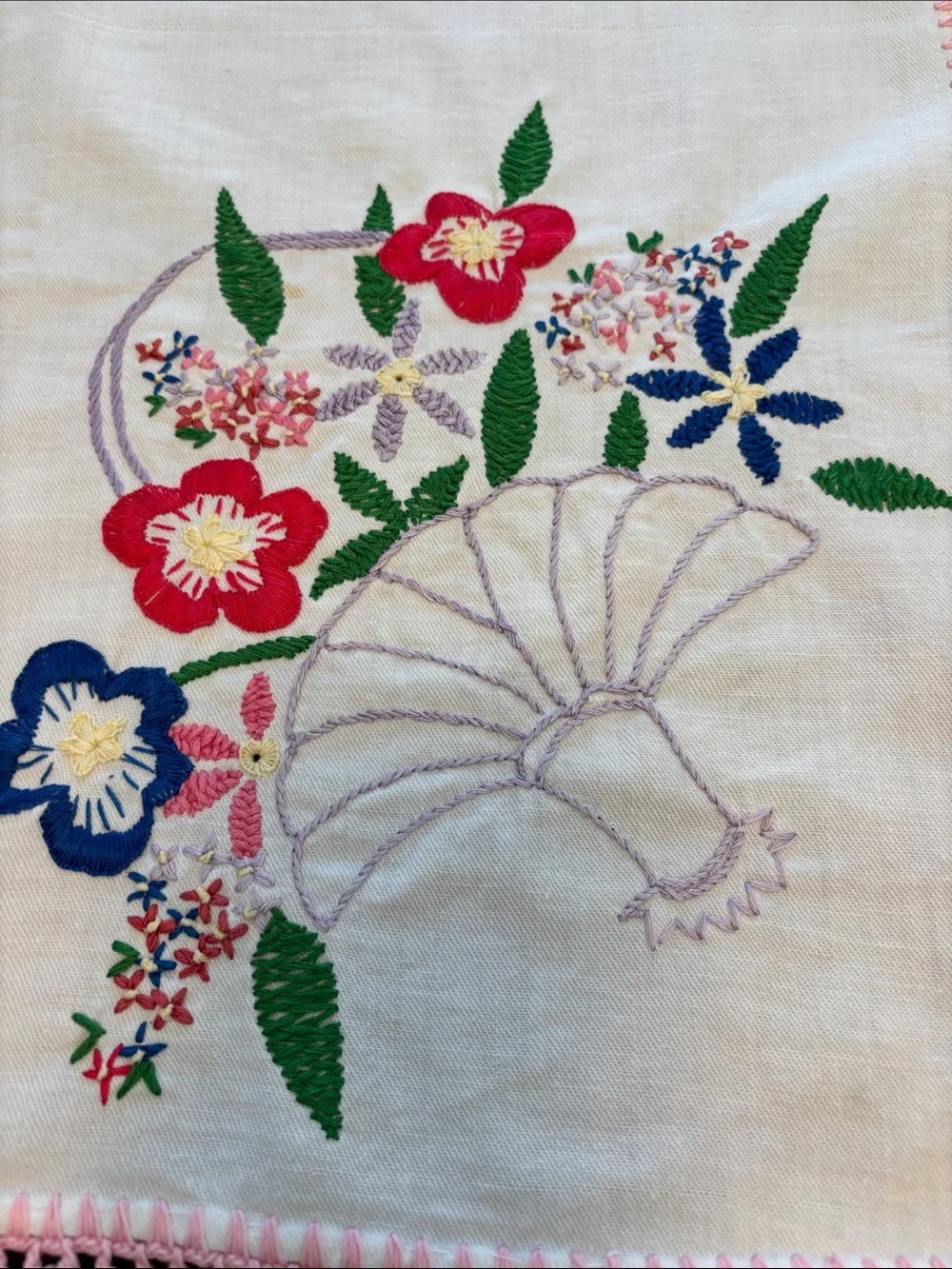 Embroidered Floral Linen Runner with Pink Crochet Trim- Fabulous!